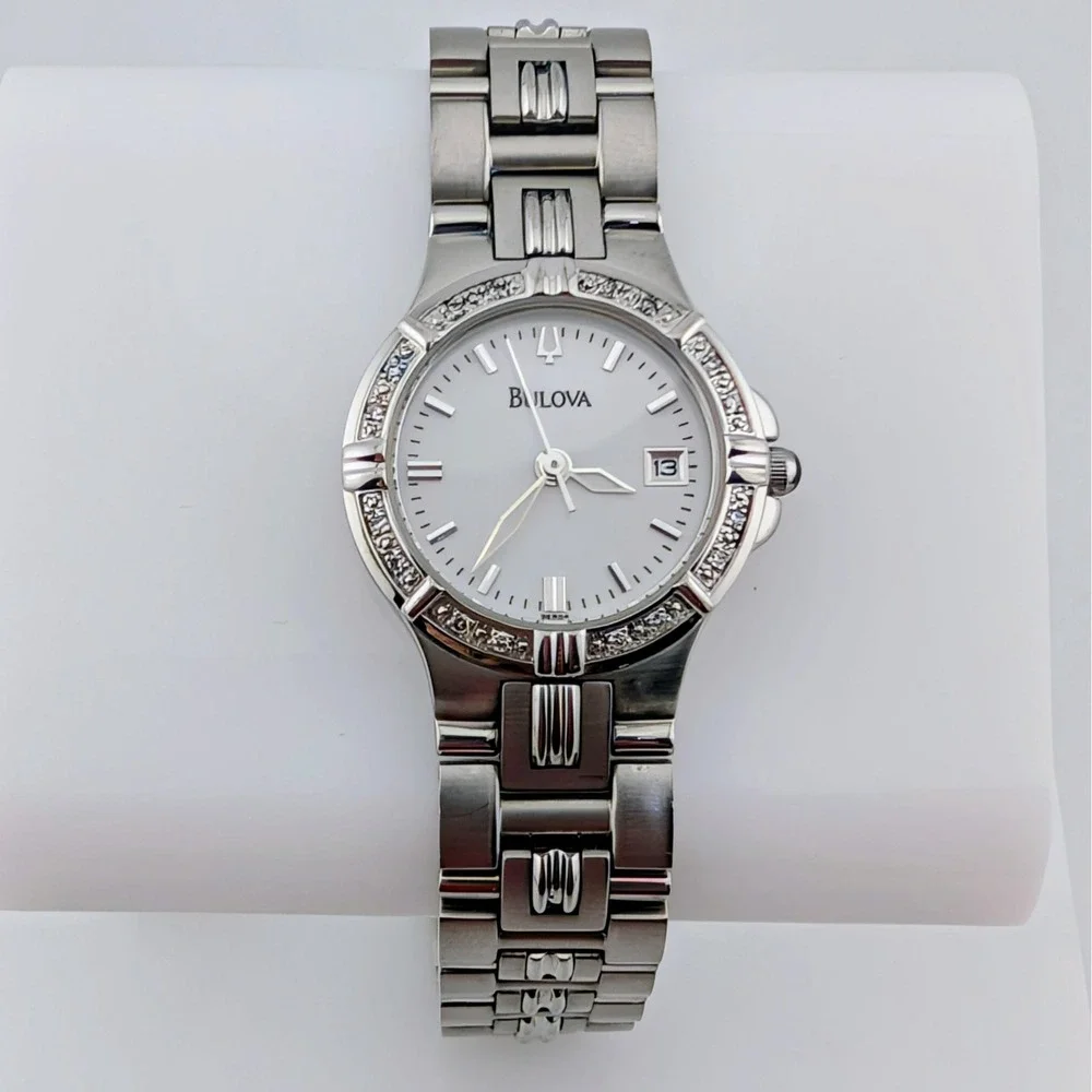 Bulova 96R04 Women's Diamond Watch White Pearlized Dial SS Date 25mm 7.25